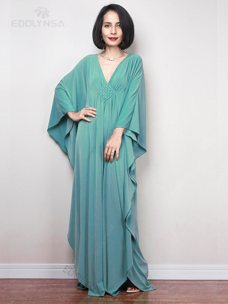 Solid V-neck Batwing Sleeve Plus Size Loose Maxi Dress