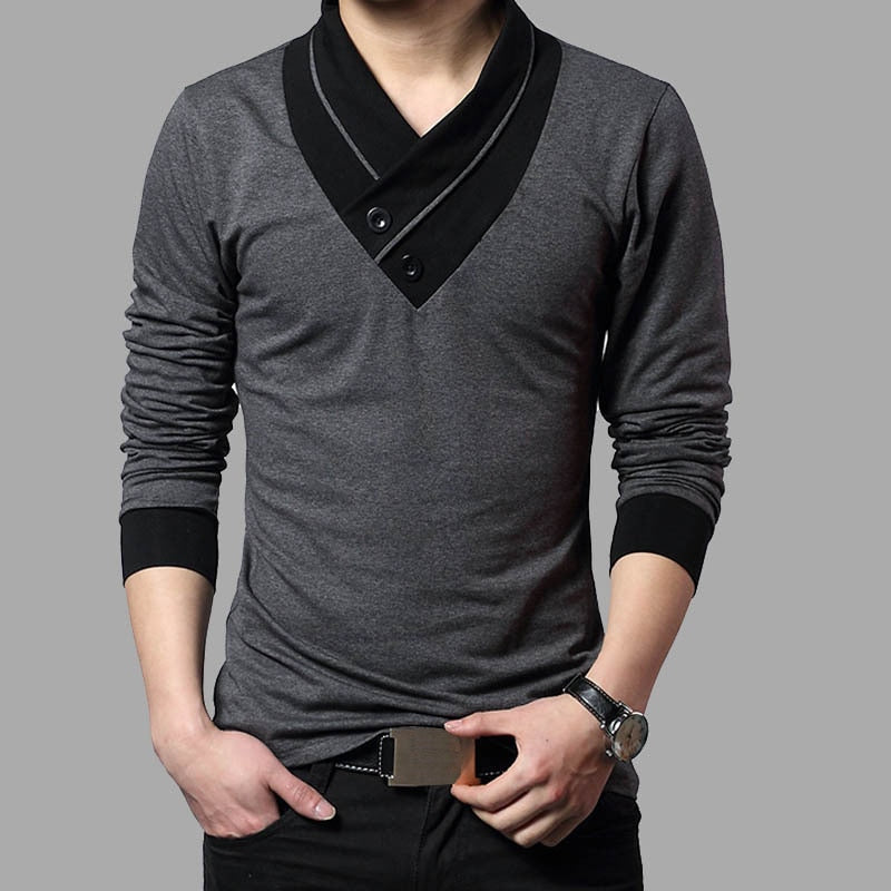 Slim Fit Long Sleeve T Shirt Men Patchwork Collar Tee V-Neck Men T Shirts