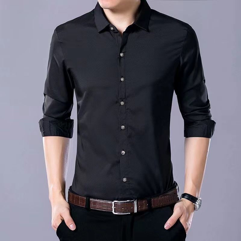 Men Thin Plaid Smooth Shirts Long Sleeve Lapel Loose Business Tops