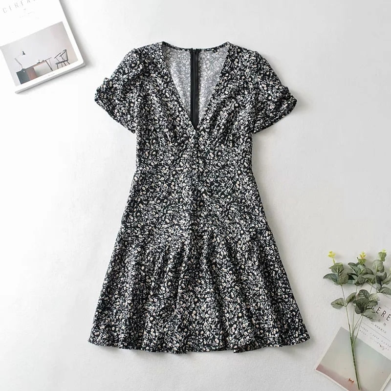 Blue Floral Print Beach Dress Short Sleeve Dress Boho