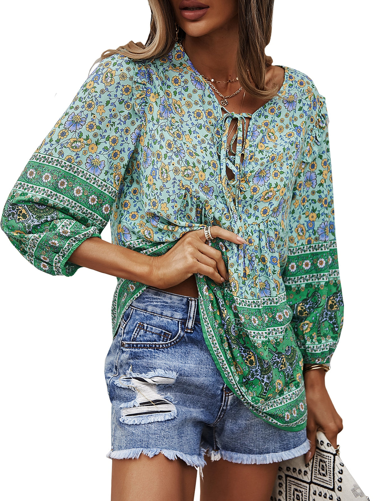 Casual Boho V Neck Top Loose Floral Printed Long Sleeve Beach Shirts Blouses