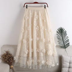 Women Floral Tutu Tulle Mesh Skirts Spring Elastic High Waist