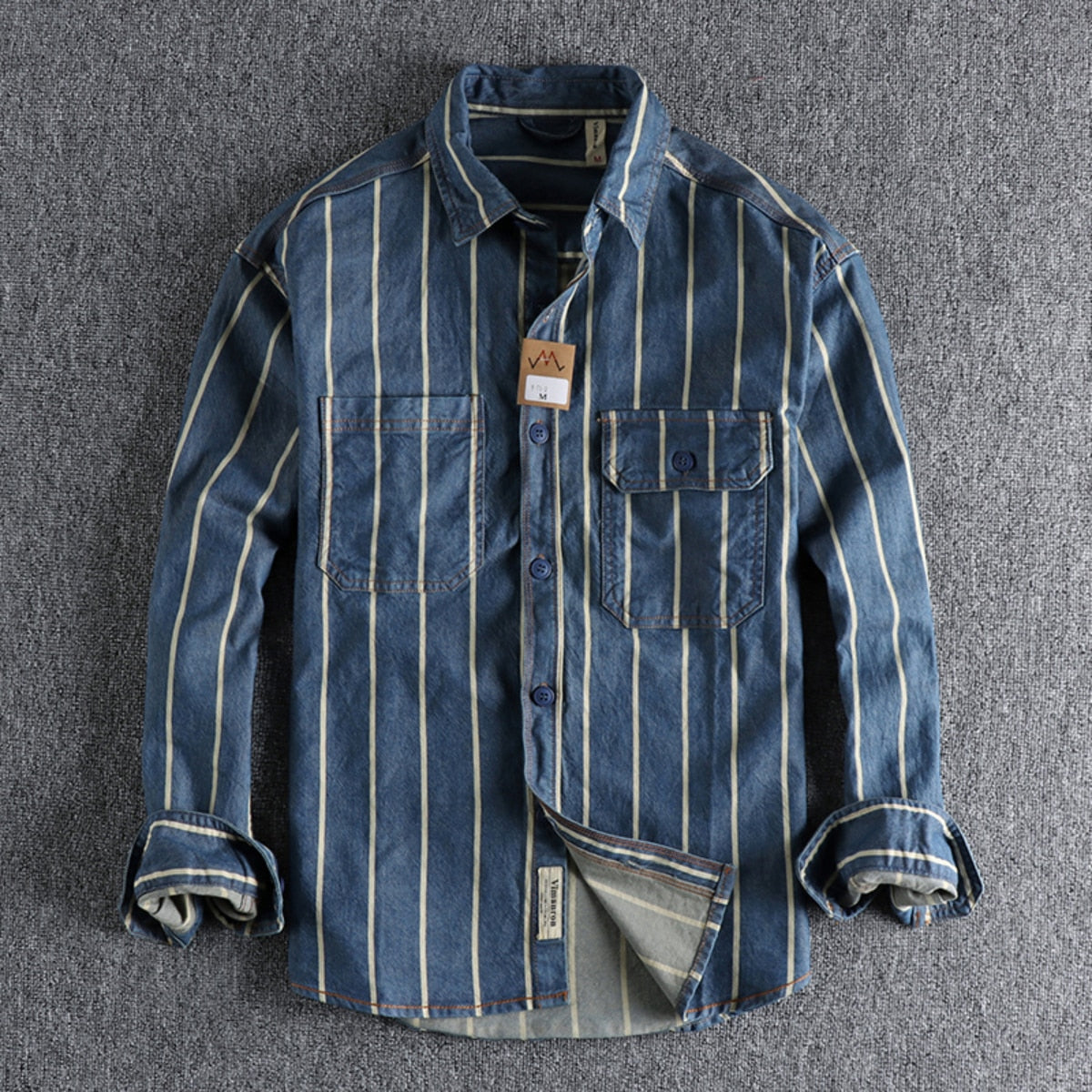 woven striped washed used denim men shirt