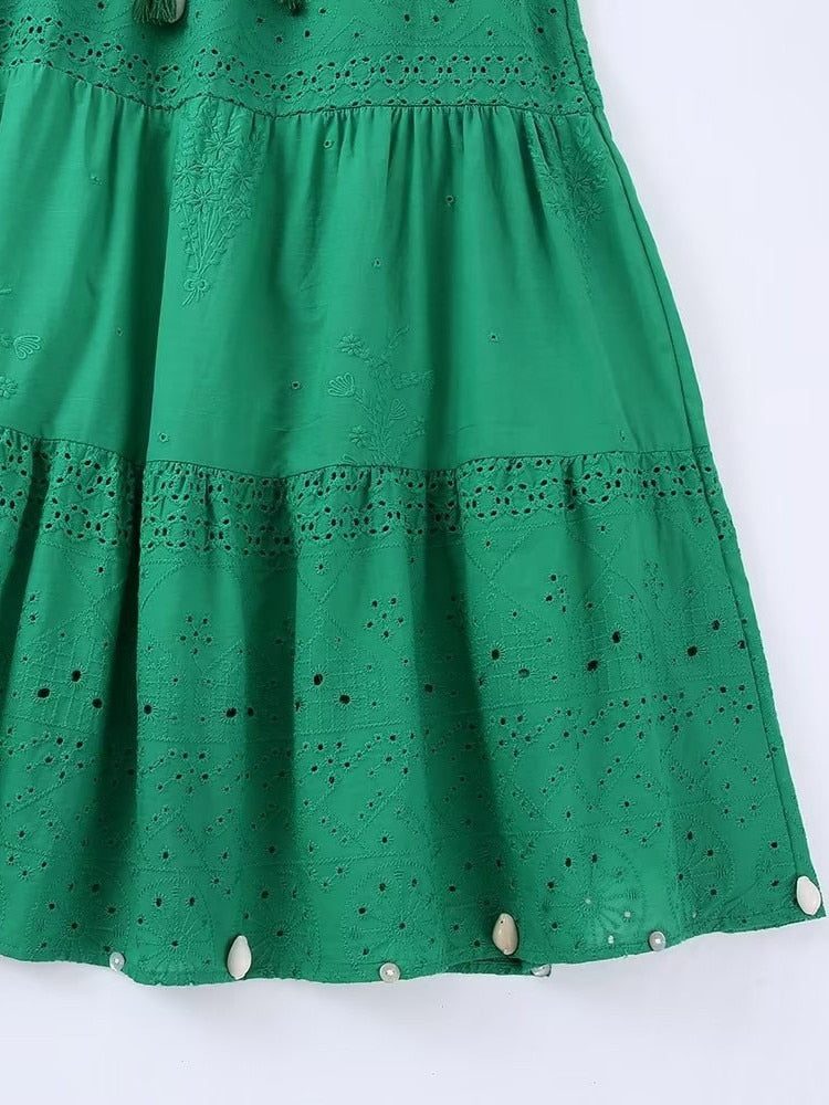 BOHO Green Embroidery Hollow Out Hole Flower Midi Long Skirt