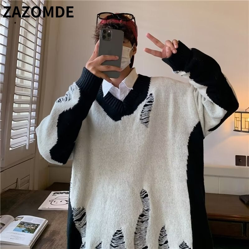 Men Hip Hop Streetwear Hole Sweater Knitted Pullovers Ripped Sweater