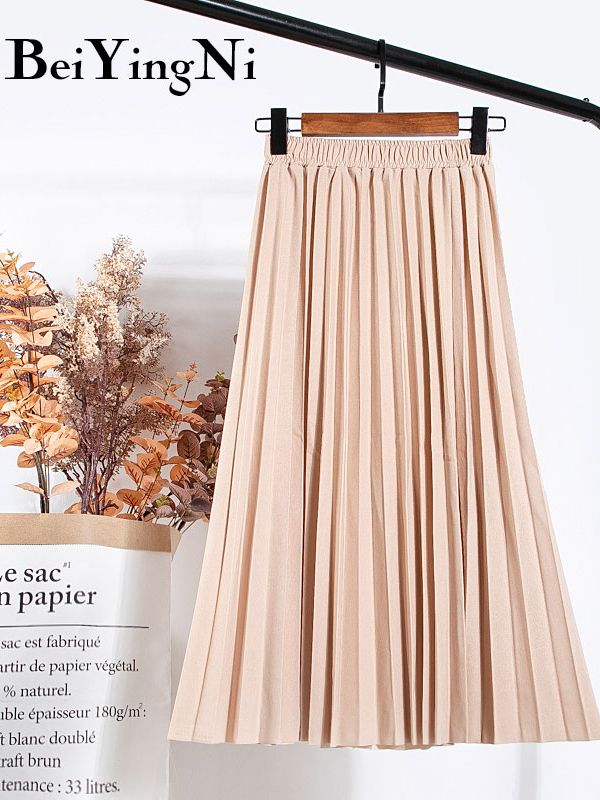 High Waist Women Skirt Casual Vintage Solid Belted Pleated Midi Skirts