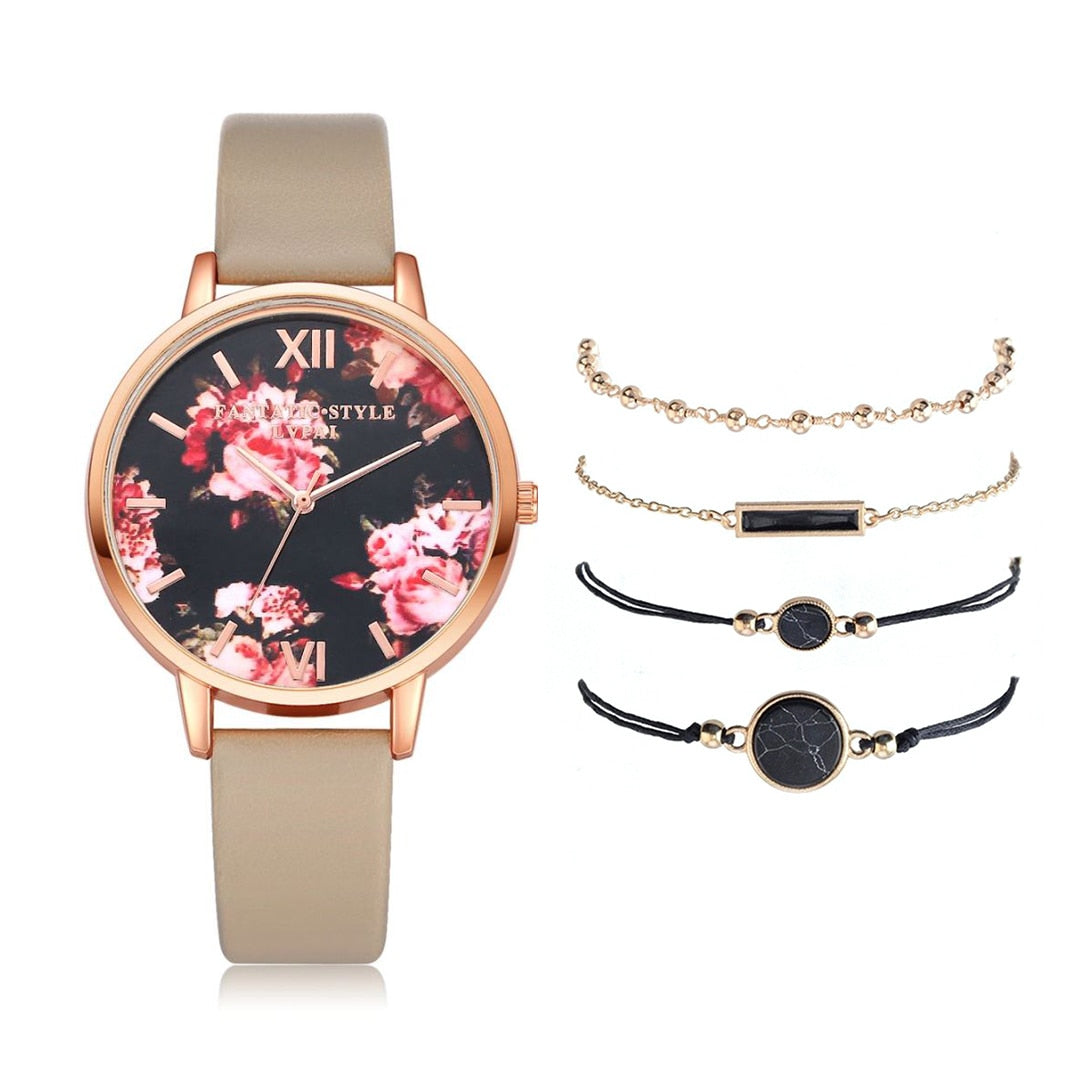 Watch Set Women 5pcs Woman Quartz Wristwatch Leather Ladies Bracelet