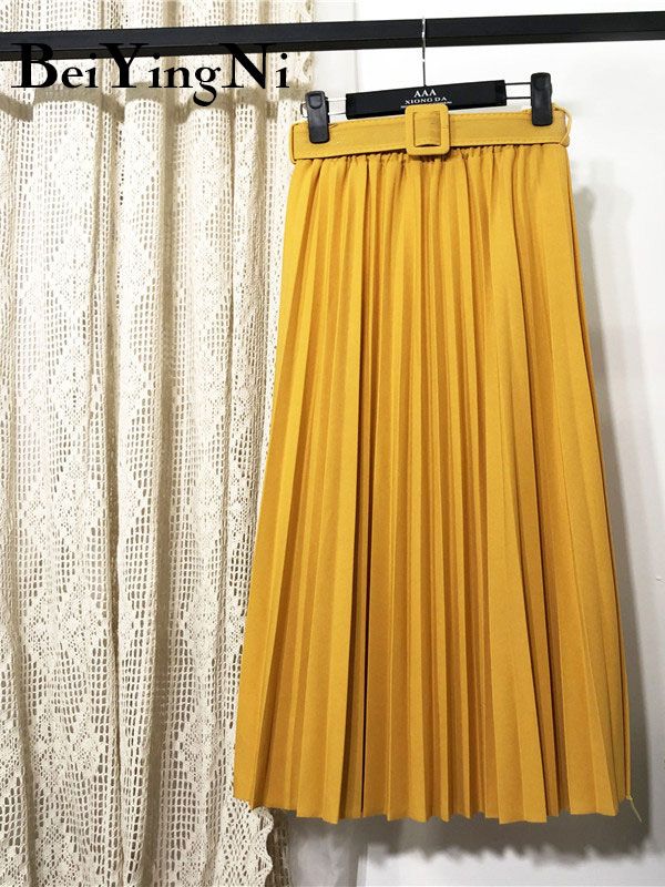 High Waist Women Skirt Casual Vintage Solid Belted Pleated Midi Skirts