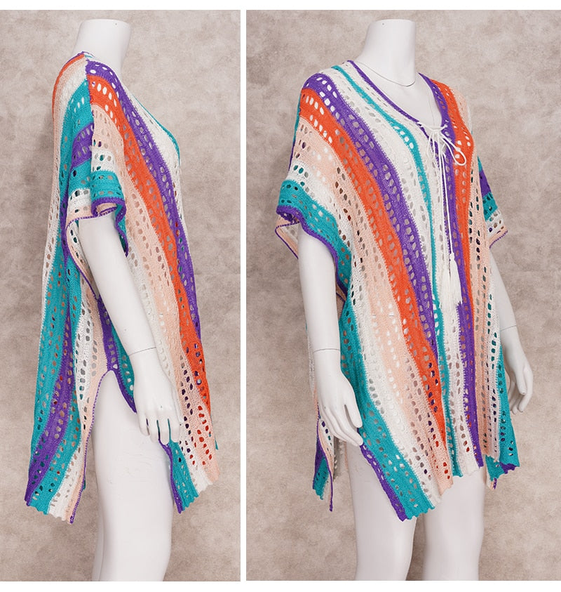 Boho Striped Crochet Tunic Sexy Hollow Out Bikini Cover-ups