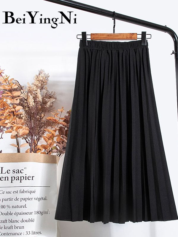 High Waist Women Skirt Casual Vintage Solid Belted Pleated Midi Skirts