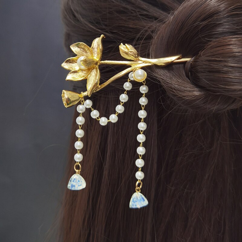 Chinese Style Hanfu Headpiece Women Flower Long Tassel Hairpin