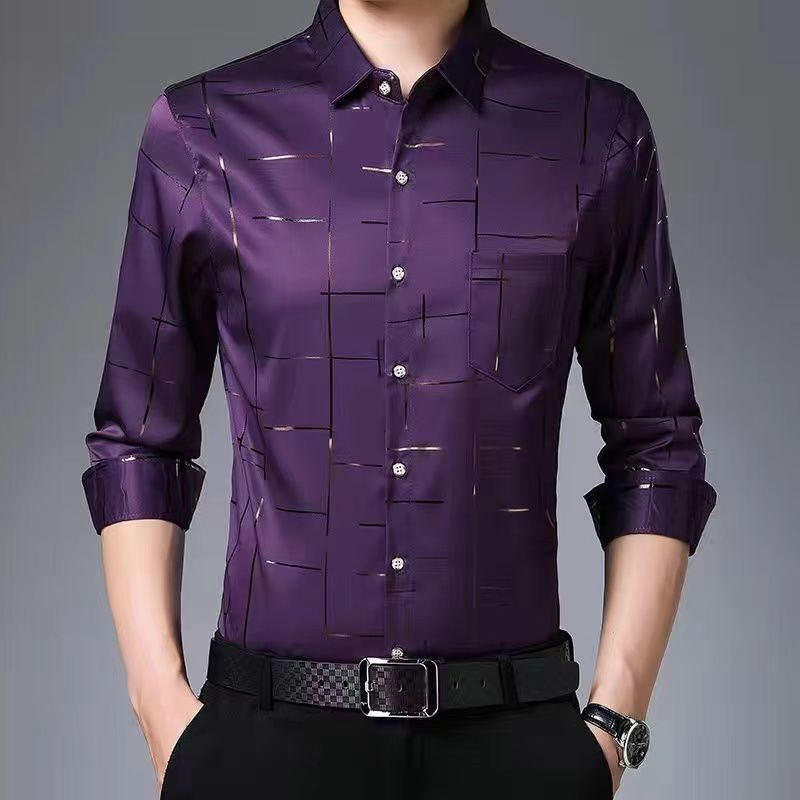 Men Thin Plaid Smooth Shirts Long Sleeve Lapel Loose Business Tops