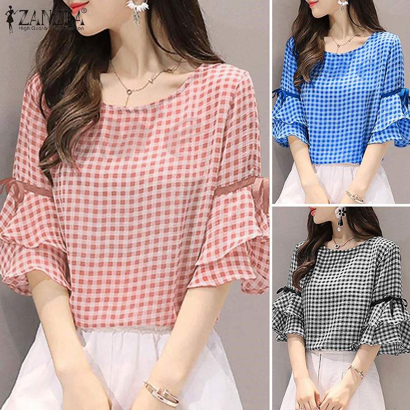 Summer Grid Printed Women Blouse Lace-Up O-Neck Short Sleeve Tops