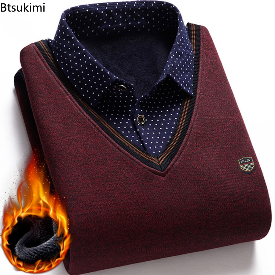 Men Wool Shirt-Neck Sweater Plaid Solid Thickened Warm Fleece