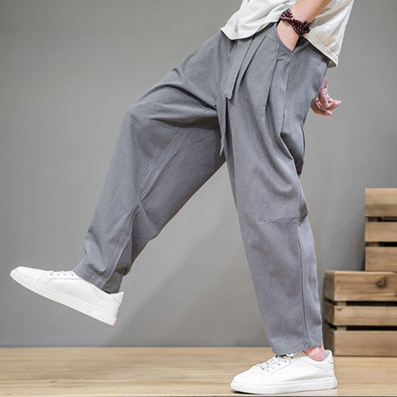 Linen Pants Men Elastic Waist Casual Harem Pant Loose Sweatpants Trousers