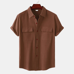 Double Pocket Linen Shirt Men Short Sleeve Button Down Shirts