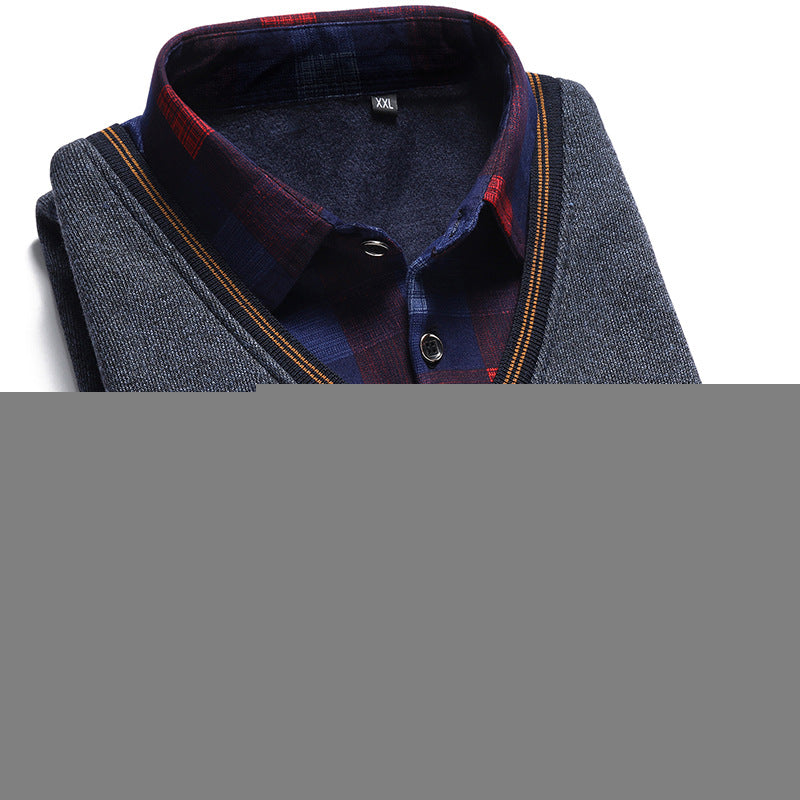 Men Wool Shirt-Neck Sweater Plaid Solid Thickened Warm Fleece