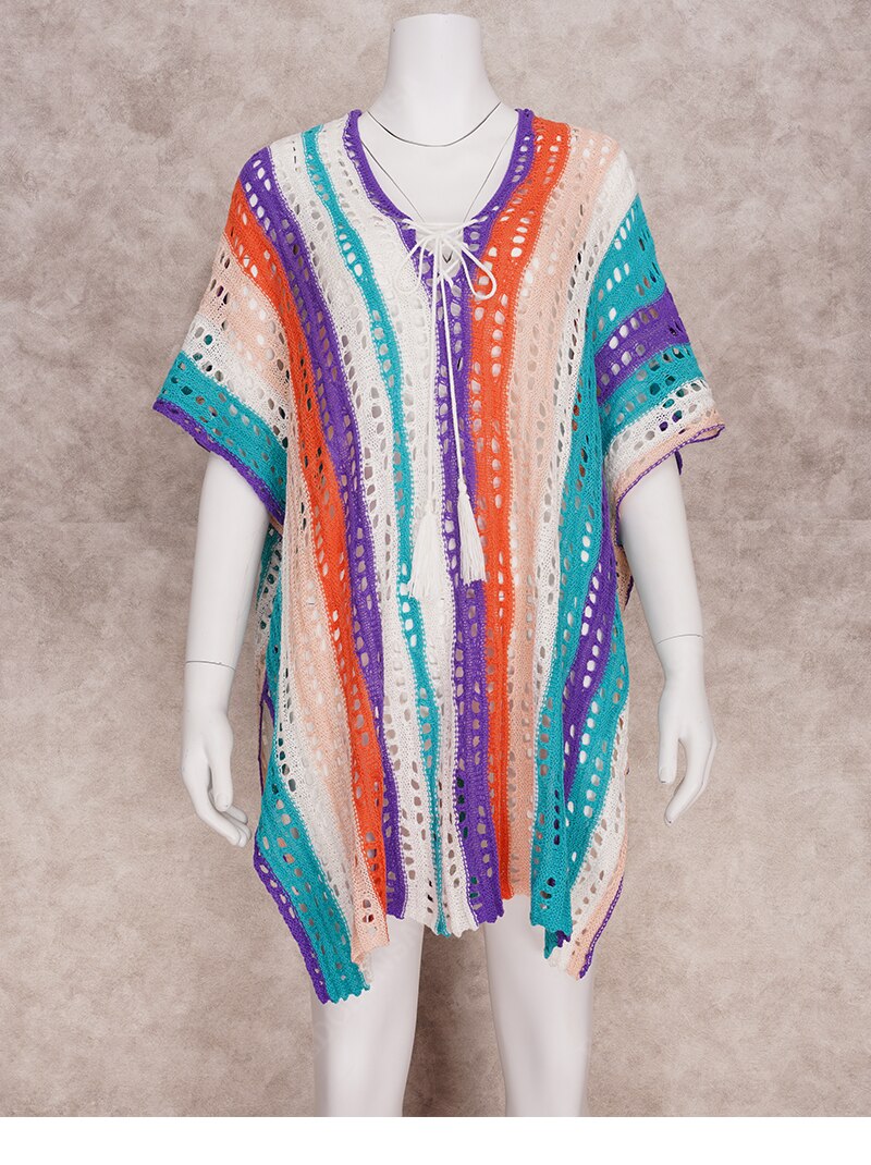 Boho Striped Crochet Tunic Sexy Hollow Out Bikini Cover-ups