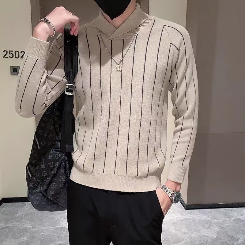 Half High Collar Striped Warm Knited Sweaters Jumpers Men Wool Pullovers Top