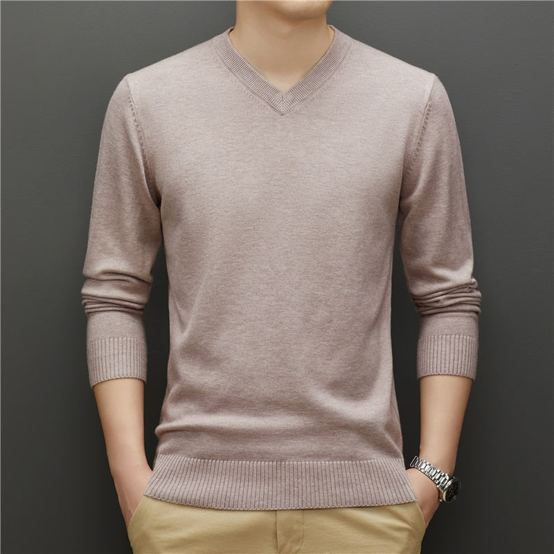 Men V-neck Thick Sweater Business Warm Knit Pullover Classic