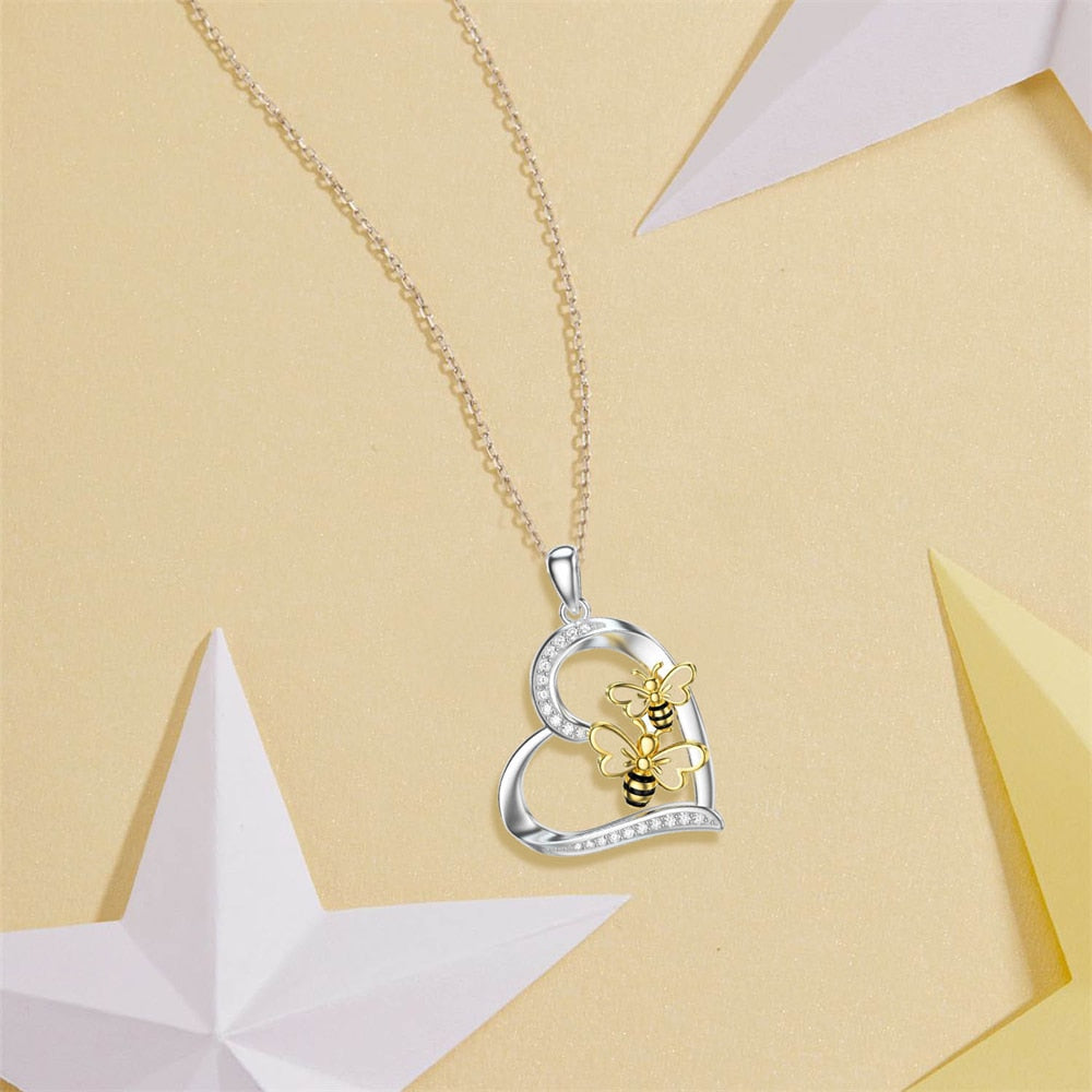 Creative Love Heart Inlaid Crystal Bees Design Necklace