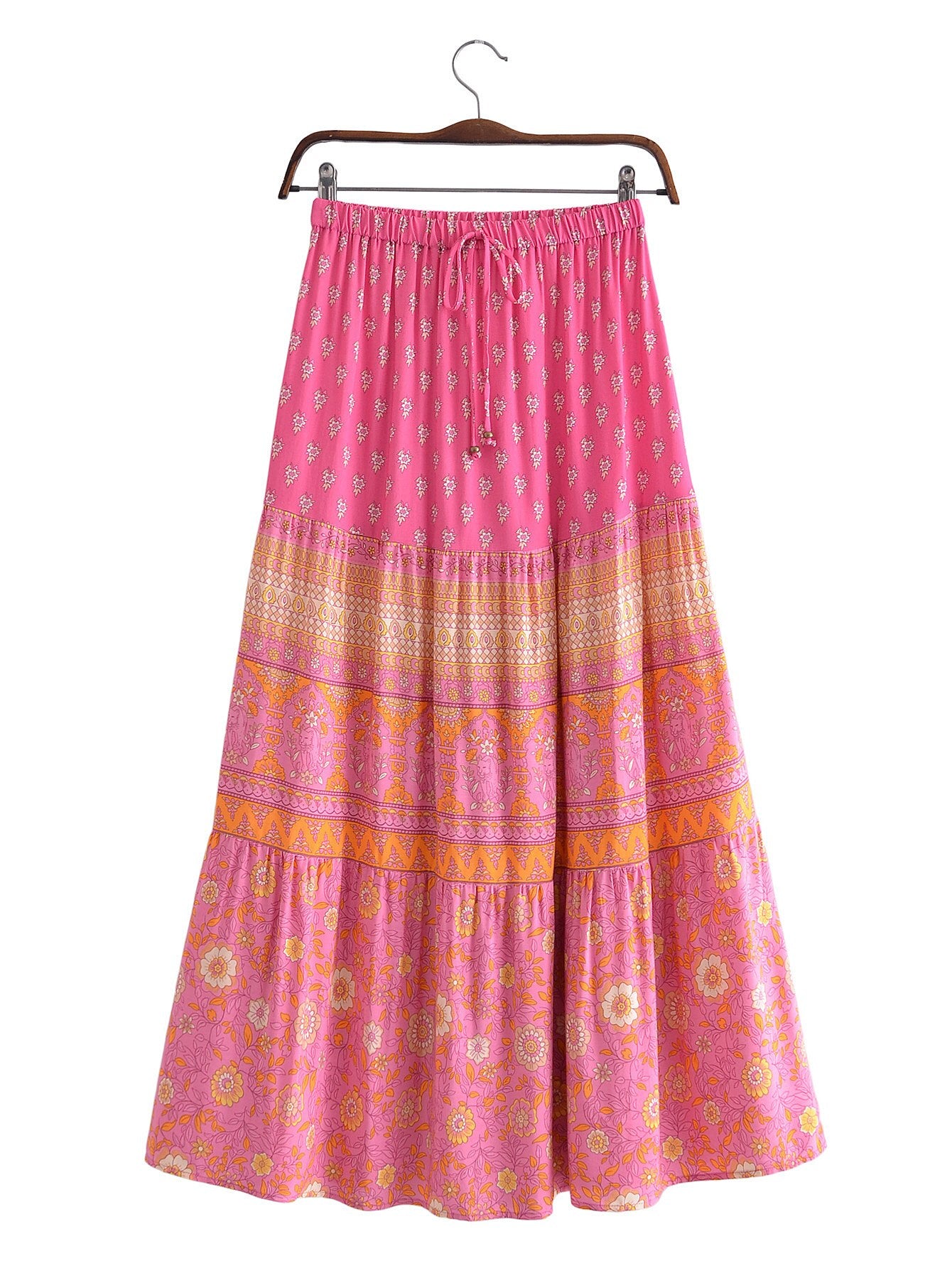 BOHO Orange Flower Print Long Skirt Spliced Ruched Ruffle