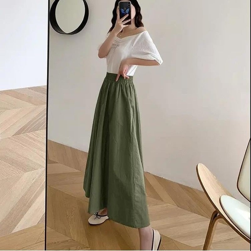 Skirts Women Solid Mid-calf Elegant Korean Style Retros