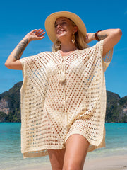 Khaki Crochet Tunic Bikini Cover-ups Sexy Hollow Out Mini Dress