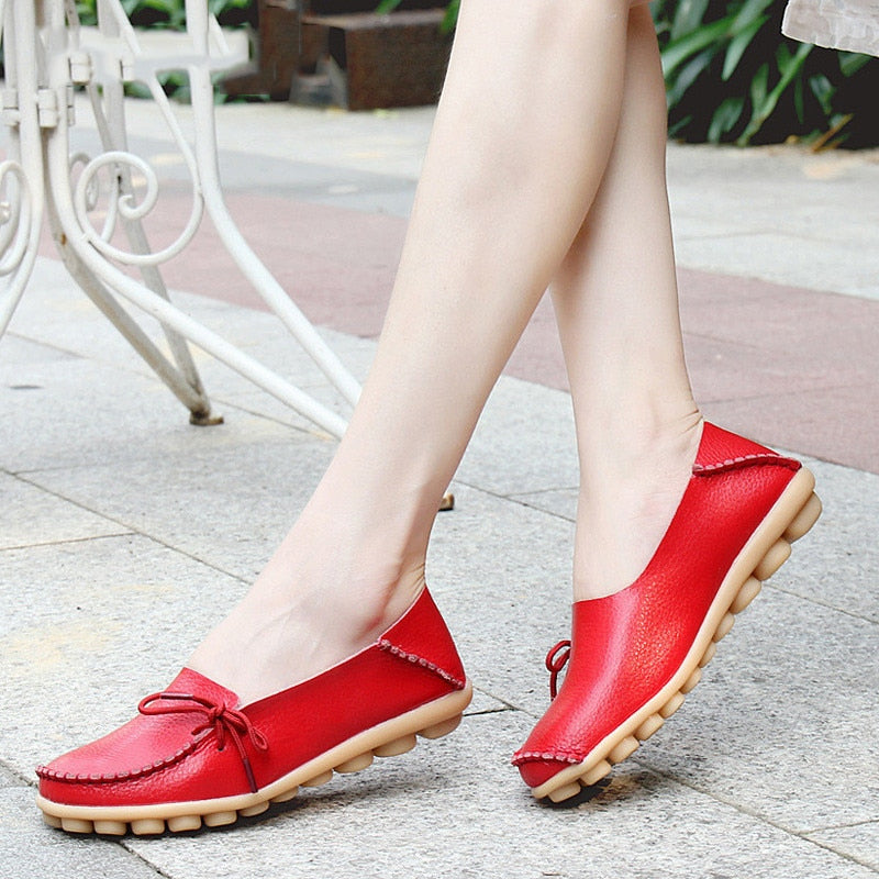 Flats Shoes Loafers Leather Female Slip on Ballet Bowtie Low-top