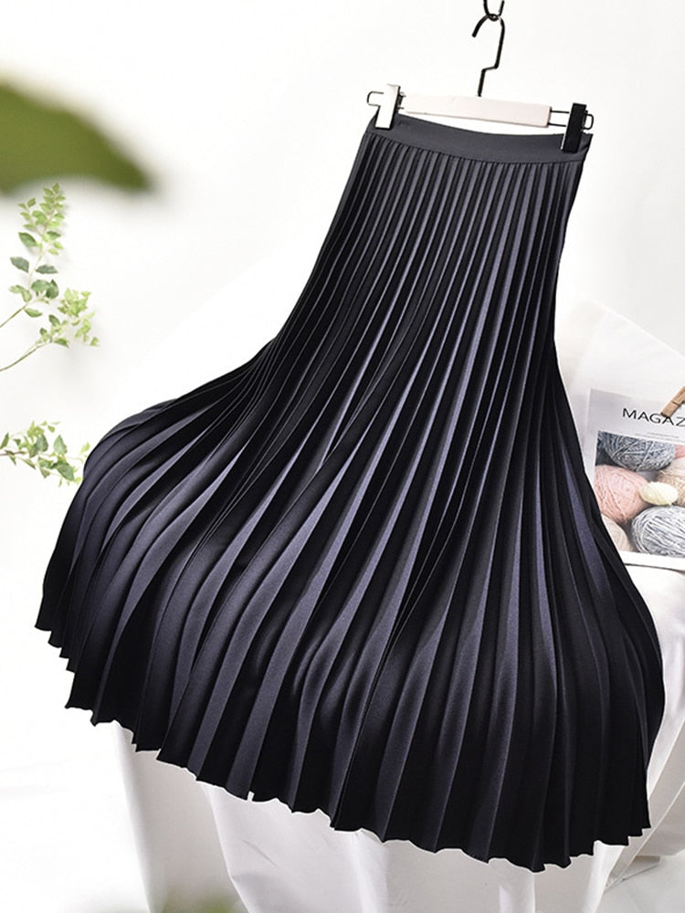 Elegant Chic Solid Pleated Skirt High Waist Luxury Fashion