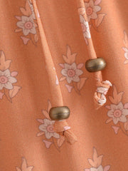 BOHO Orange Flower Print Long Skirt Spliced Ruched Ruffle