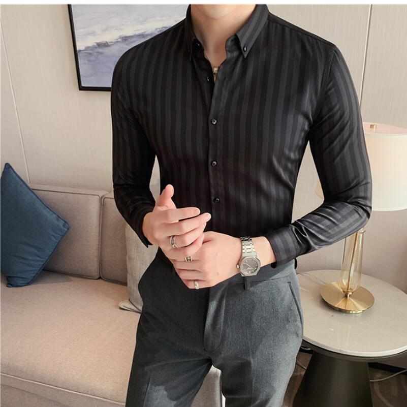 Shirts Men Dress Vertical Stripe Streetwear Slim Shirt Casual Long Sleeve Shirt