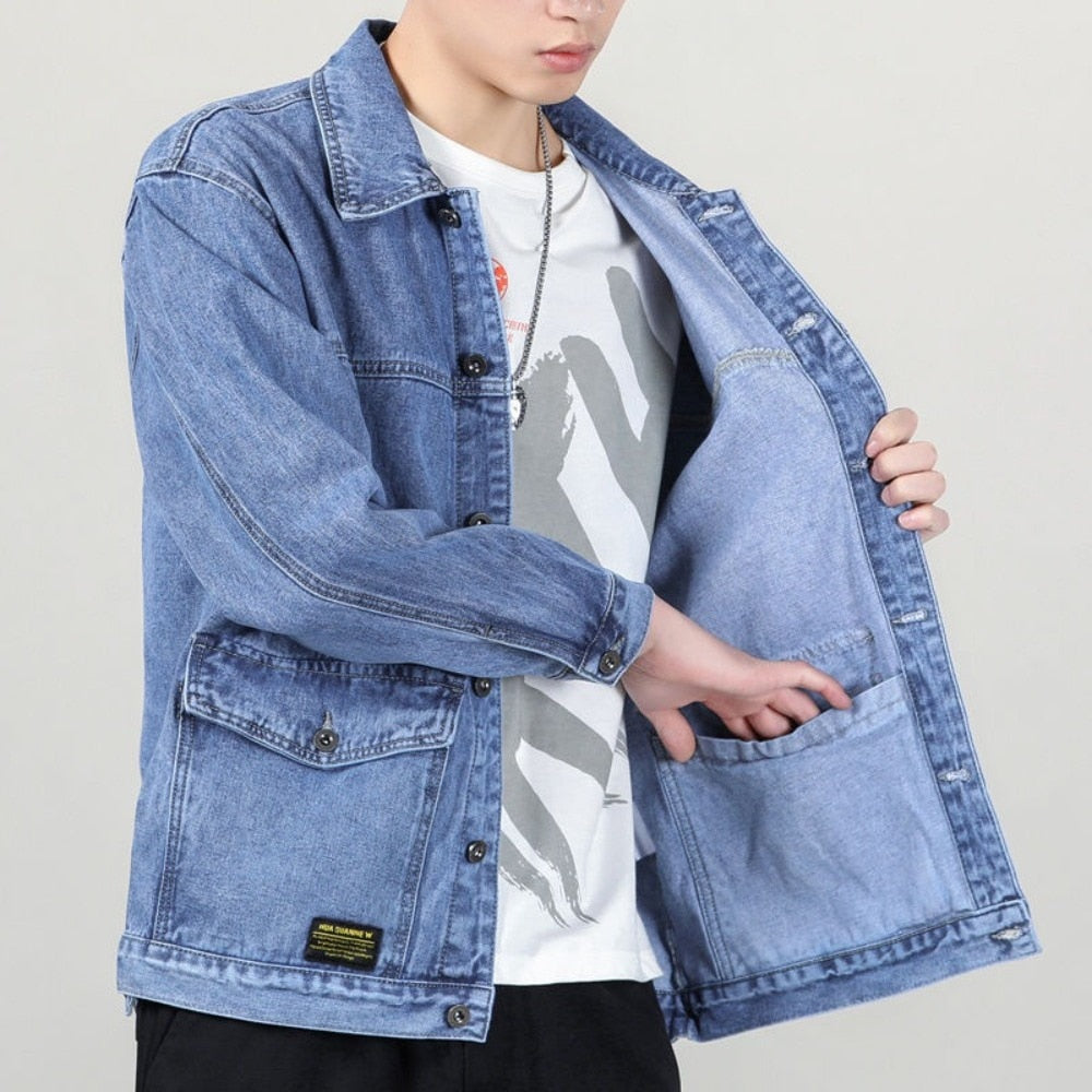 Fall high-end denim jacket men's baggy multi-pocket casual jacket