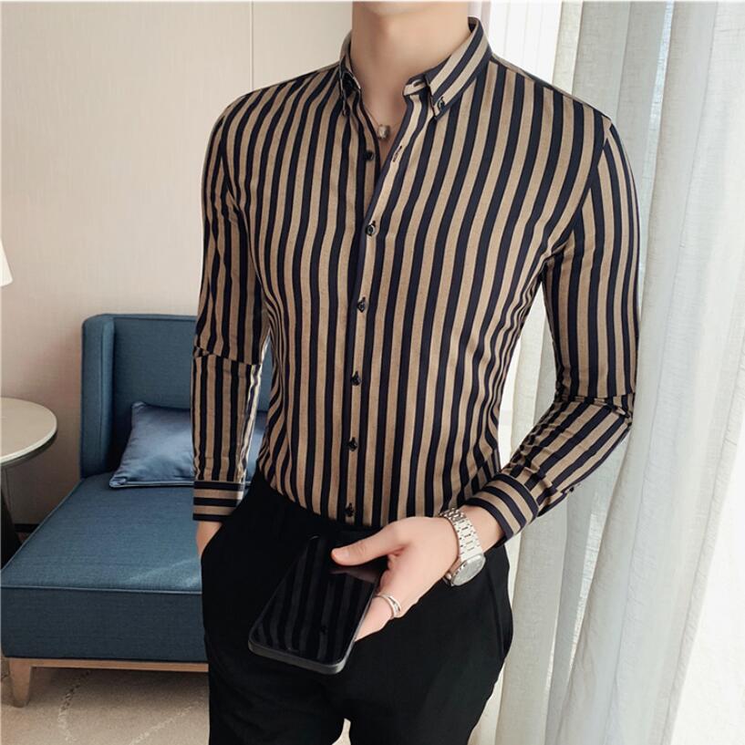 Shirts Men Dress Vertical Stripe Streetwear Slim Shirt Casual Long Sleeve Shirt