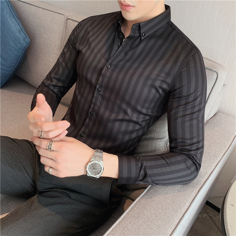 Shirts Men Dress Vertical Stripe Streetwear Slim Shirt Casual Long Sleeve Shirt