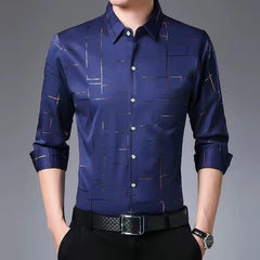 Men Thin Plaid Smooth Shirts Long Sleeve Lapel Loose Business Tops