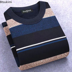 Men Fleece Sweater Striped Thick Fleece Sweater Pullovers O-Neck Coat Sweater