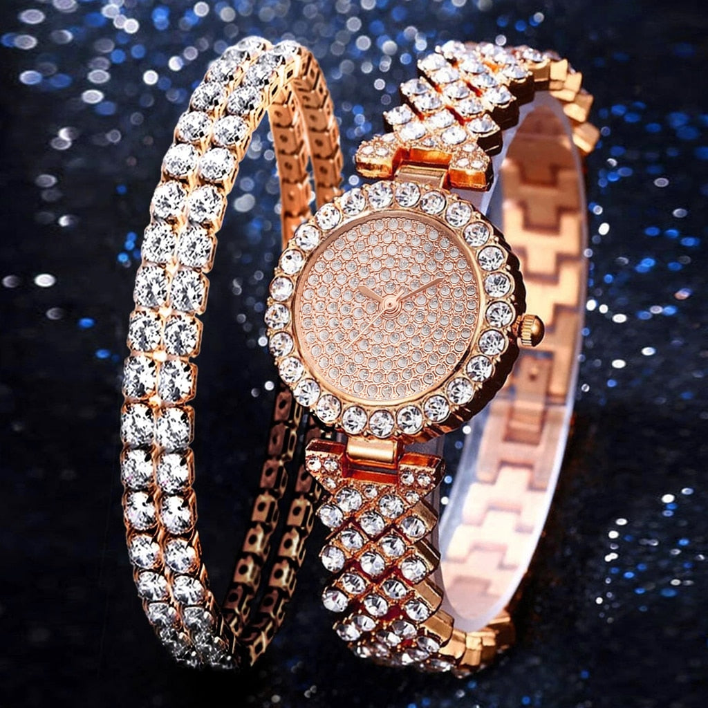 Rose Gold Watch Fashion Ladies Quartz Diamond Wristwatch Elegant