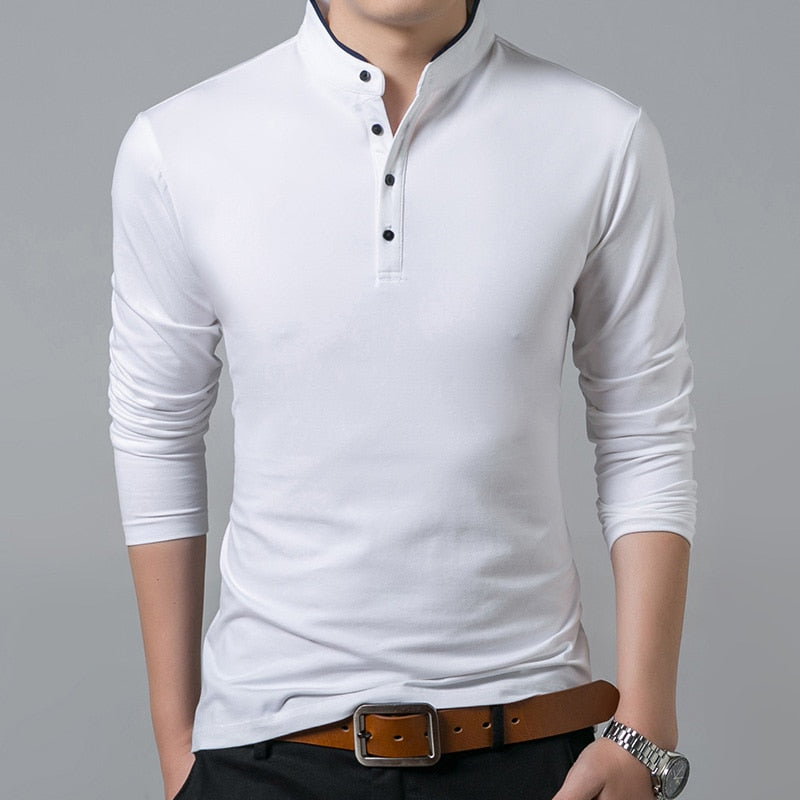 Men’s Pure Tshirts Collar Long Sleeve Comfy Shirt Single-breasted Soft