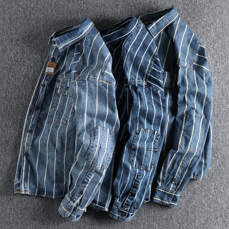 woven striped washed used denim men shirt