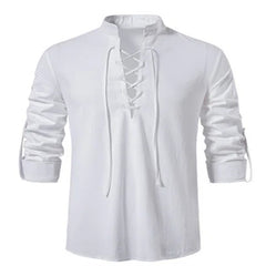 Men V-neck shirt T-shirt Thin Long Sleeve Top Breathable Front Lace Up Shirts