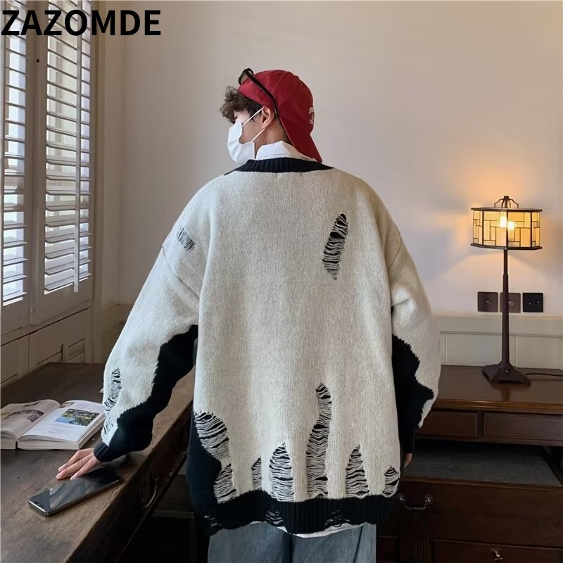 Men Hip Hop Streetwear Hole Sweater Knitted Pullovers Ripped Sweater