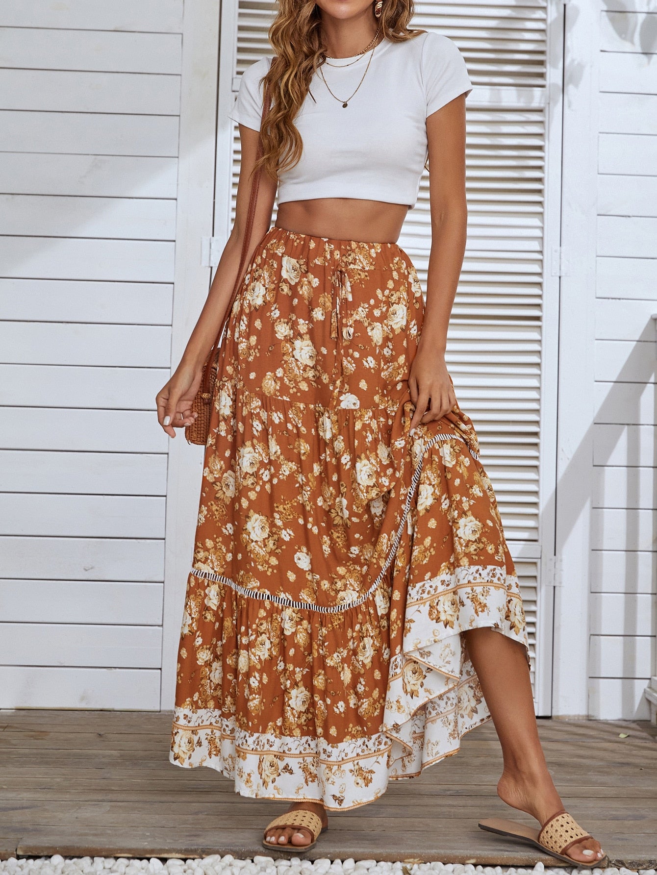 Boho Retro Floral Print Skirts Women High Waist A-Line