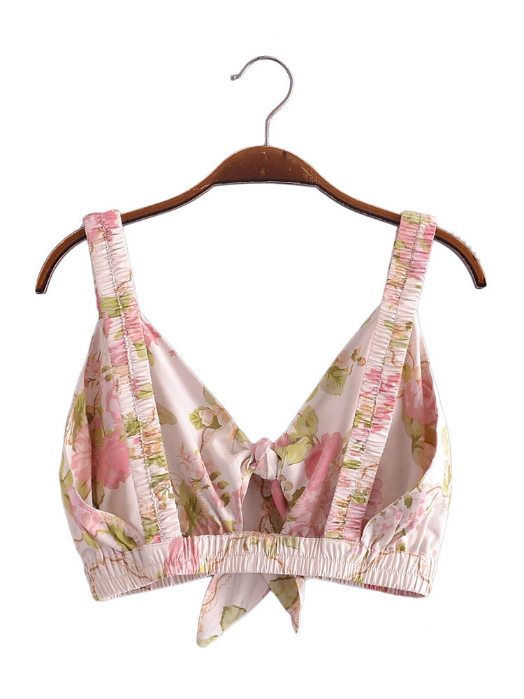 BOHO Bow Tide V neck Pink Floral Print Camisole Summer Corset Crop Top