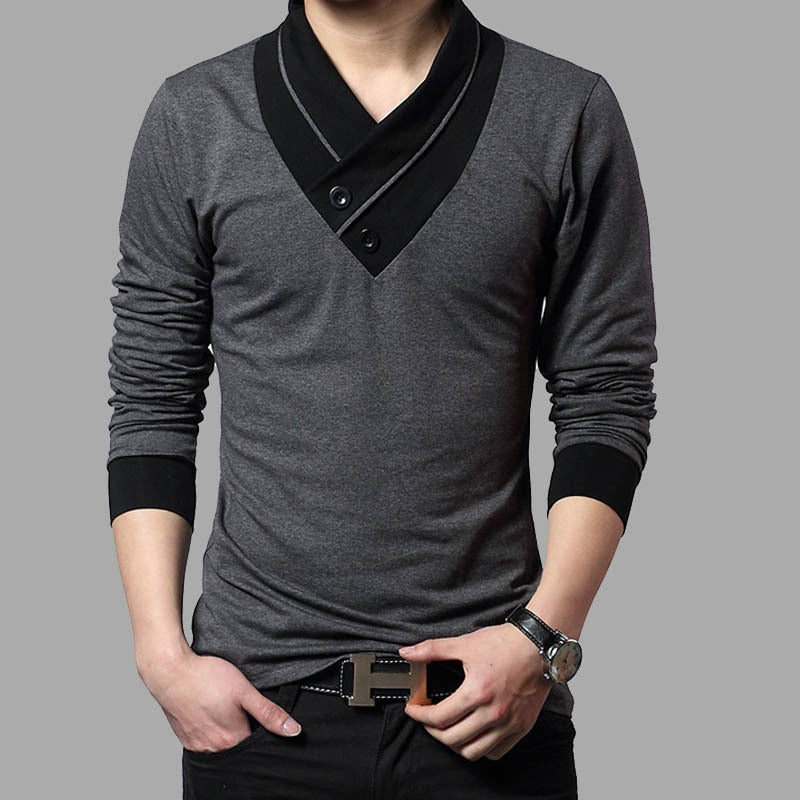 Slim Fit Long Sleeve T Shirt Men Patchwork Collar Tee V-Neck Men T Shirts