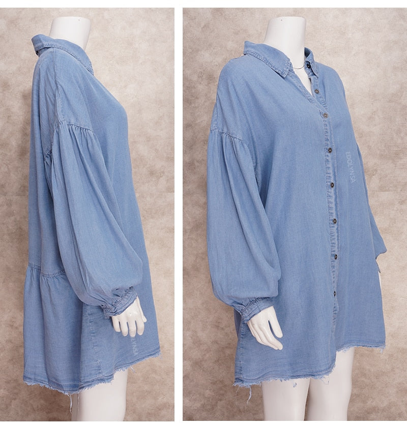 Light Blue Denim Shirt Dress Sexy Button Long Sleeve Mini Dresses