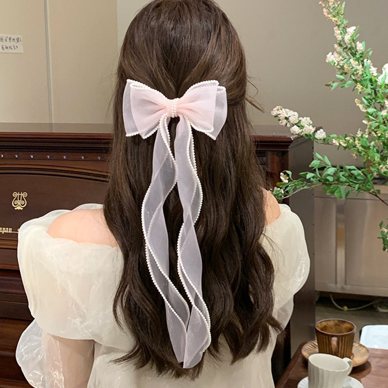 White Oversize Bow Hairpin Net Yarn  Bowknot Ribbon Hair Clip