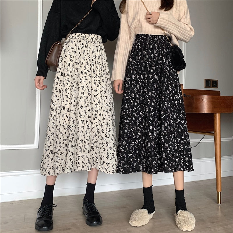 Vintage Floral Print A-line Pleated Long Skirts Summer