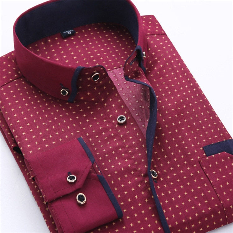 Men Shirt Long Sleeve Slim Fit Button Down Collar Printed Business Shirts