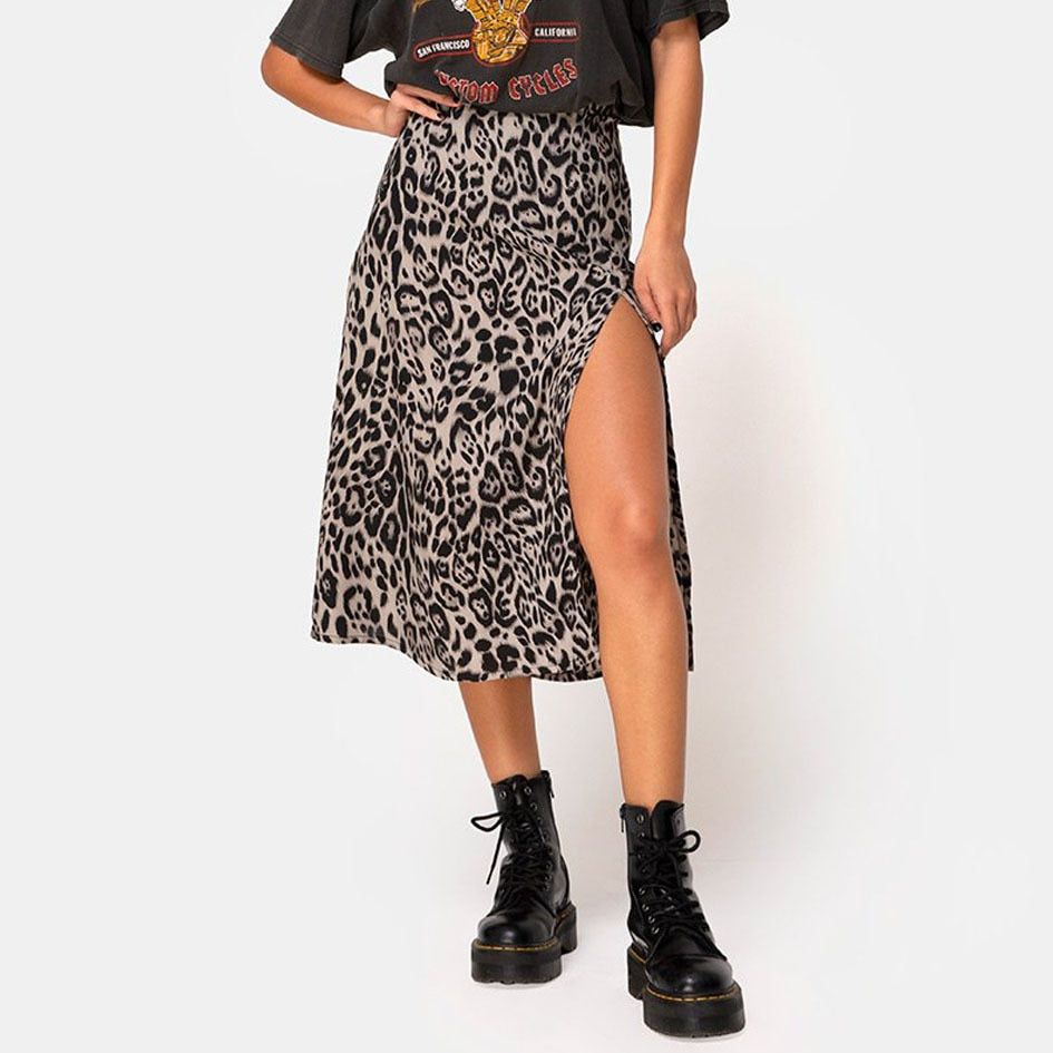 High Waist Split Midi Skirts Elegant Leopard Floral